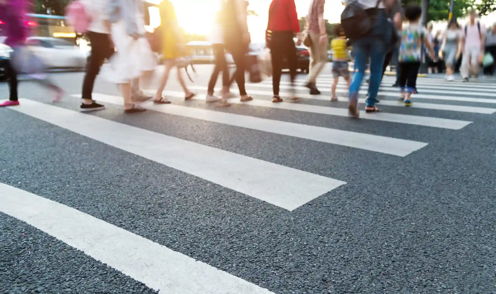 People walking on Asphalt with crosswalk line painting